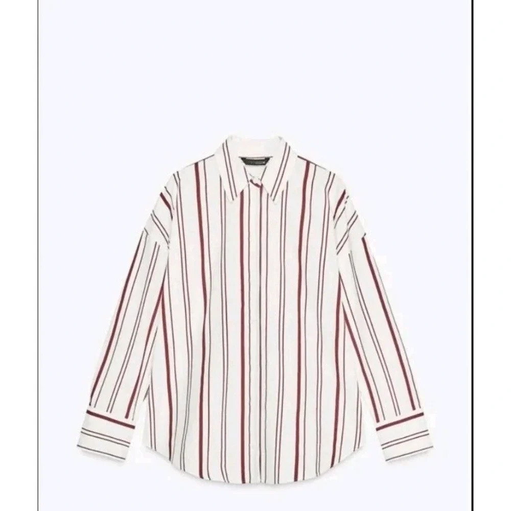 Zara Striped Button Down Relaxed Fit 100% Cotton Burgundy White Size M NWOT - Picture 7 of 9